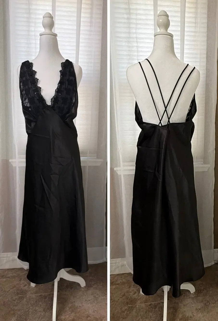 VTG Intimo Amore Black Lace Slip Dress Large Satin Open Back Strappy Romantic
